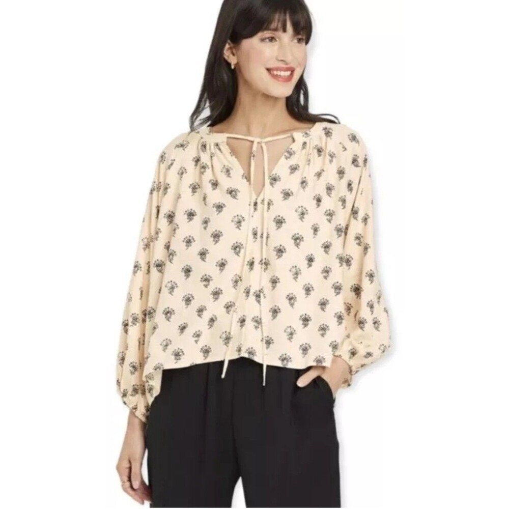 A New Day Blouse Women Xxl Cream Black Linen Blend Floral Graphi Balloon Sleeve